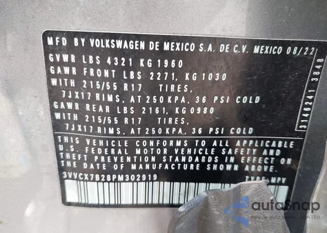 2023 Volkswagen Taos 1.5T S from USA, damaged, VIN 3VVCX7B28PM302919